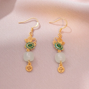 Vintage Hetian jade style earrings with gold coin charm and green enamel flower detail