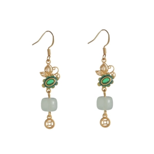 Vintage Hetian jade earrings with gold butterfly, green beads and ancient copper coin charms