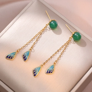 Vintage enamel feather tassel earrings with green chalcedony beads in gold finish