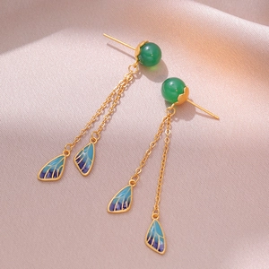 Retro Tassel Drop Earrings With Enamel Butterfly Wings And Green Chalcedony Beads Copper Hanfu Jewelry For Women
