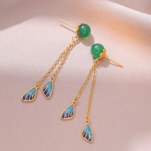 Vintage long tassel earrings with green chalcedony and blue butterfly enamel wings