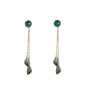 Vintage gold tassel earrings with green beads and blue enamel feather wings