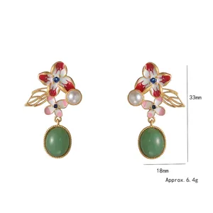 Boucles d'oreilles émaillées rétro avec jade d'imitation vert et perles de 33x18mm