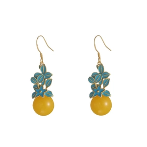 Vintage style gold-plated floral earrings with blue enamel flowers and yellow beads