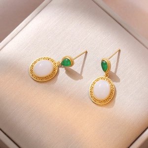 Vintage gold plated earrings with white jade oval and green drop stone in a gift box