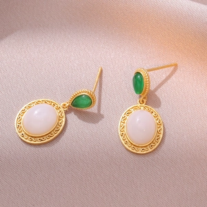Vintage Chinese Style Drop Earrings Gilded Copper Faux White Jade Green Stone Court Elegance For Women