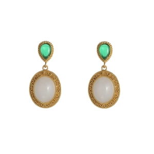 Vintage gold earrings featuring teardrop green stones and white oval nephrite jade pendants