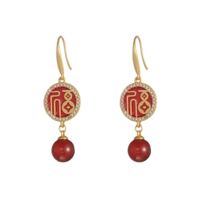 Boucles d'oreilles pendantes vintage rouges caractère Fu avec dorure et zircons