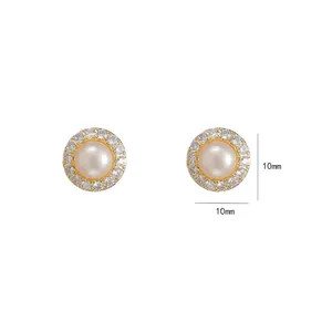 Floral freshwater pearl earrings with gold metal base and sparkling crystal halo, 10mm size