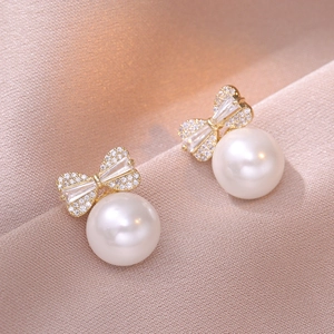 Bowknot Artificial Pearl Drop Earrings Copper Zircon Inlaid With Silver Earring Post Vintage Style Elegant For Women
