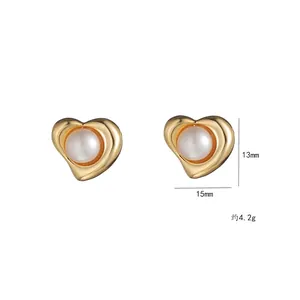 Elegant heart-shaped gold pearl stud earrings, 13mm by 15mm minimalist jewelry for women
