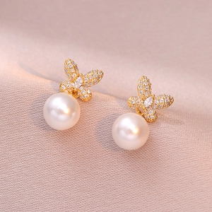Butterfly Bow Artificial Pearl Earrings Zircon Inlaid Copper Dangle Ear Studs Elegant Fashion Jewelry For Women