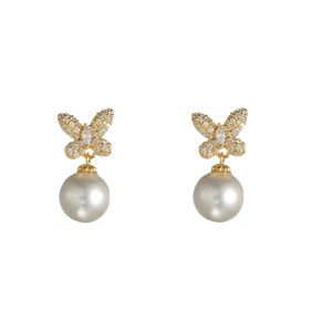 Vintage pearl bow earrings with gold metal zircon inlay and dangling round white pearls