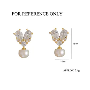 Vintage gold heart earrings with natural freshwater pearls and cubic zirconia stones
