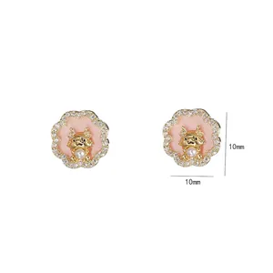 Pink enamel floral earrings with golden dragon design and white zircon stones 10mm