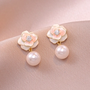 Vintage floral pearl drop earrings with pink enamel petals and zircon on satin silk