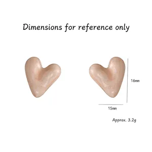 Pink heart stud earrings with pearlescent finish and silver pins measuring 16mm