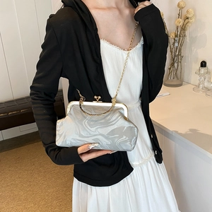 Elegant silver grey marble texture evening clutch bag with vintage gold metal frame and chain