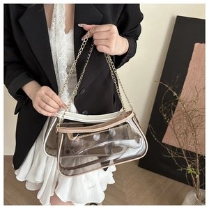Detail view of transparent PVC crossbody bags with gold chain straps and leather trim