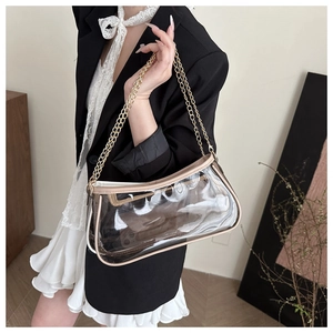 Close-up of transparent PVC crossbody bag with beige trim and golden chain strap