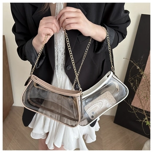 Detail of transparent PVC shoulder bags with gold chain straps in white and beige piping