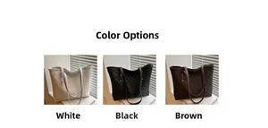 Close-up showing white, black, and brown tote bags with quilted diamond pattern