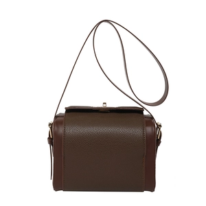 Fashionable dark brown lychee pattern box bag with crossbody strap and gold hardware