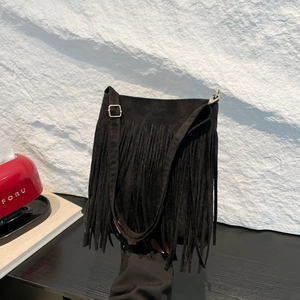 Western style black matte PU crossbody bag with elegant tassels and adjustable strap