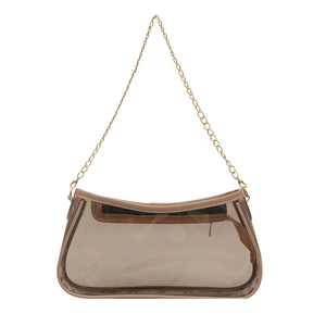 Stylish transparent PVC shoulder bag with brown leather trim and golden metal chain strap