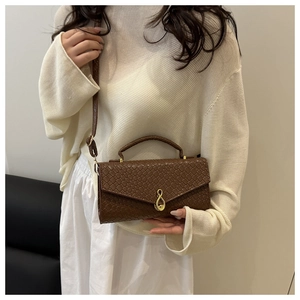 Close-up of brown woven texture crossbody bag with a signature golden metal buckle