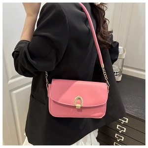 Pink matte leather baguette bag with gold horseshoe buckle and chain strap on a model