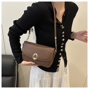 Detail of a brown leather crossbody bag with a gold U-shaped buckle and chain strap