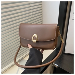 Detail of a brown leather handbag with a prominent gold horseshoe metal buckle clasp