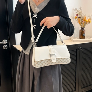 Retro color-block crossbody bag with jacquard canvas and silver H-shaped buckle closure