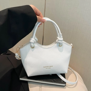 Women Bucket Bag Litchi Texture PU Leather Handbag With Knot Handle Adjustable Strap Retro Crossbody Bag