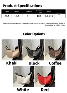 Size chart and five color variants of the PU dumpling shoulder bag in minimalist setting