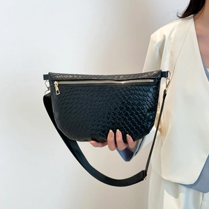 Woven Texture Crossbody Chest Bag PU Leather Half Moon Waist Pack With Adjustable Wide Strap Casual Minimalist For Women