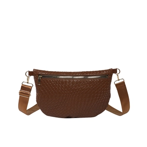 Dark brown woven PU leather crescent waist bag with gold hardware and wide strap