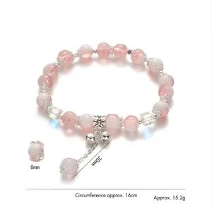 Pink moonstone crystal beaded bracelet with silver tassels and 8mm beads for women