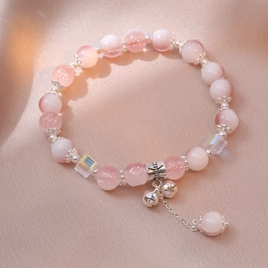 Crystal Beaded Bracelet Pink Gradient Beads With Hollow Alloy Flower Spacers And Small Bell Pendants Fashion Women Jewelry