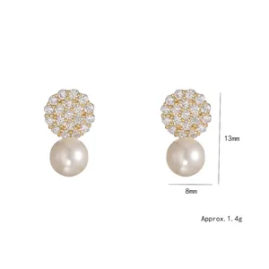 Elegant S925 silver needle pearl earrings with micro-pave cubic zirconia 13mm size