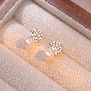 Elegant Geometric Artificial Pearl Stud Earrings With Zircon Micro Pave Copper 925 Sterling Silver Earring Post Korean Style For Women