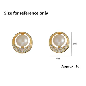 Detail view of 8mm freshwater pearl earrings with zircon inlay in gold plating