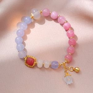 Beaded Bracelet Agate Alloy Bell Lily Of The Valley Charm Square Gemstone Pendant Retro Fashion For Women