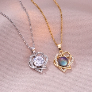 Collier Pendentif Double Coeur Acier Inoxydable Changement Couleur Thermosensible Zircone Incrustée Bijoux Femmes