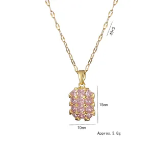Pink zircon rectangular pendant necklace in gold titanium steel, chain length 40+5cm