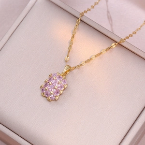 Pink Zircon Rectangle Pendant Necklace Stainless Steel Gold Plated Geometric Elegant Minimalist Jewelry For Women