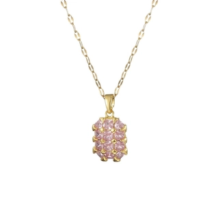Elegant gold titanium necklace with rectangular pink zircon crystal pendant on white background