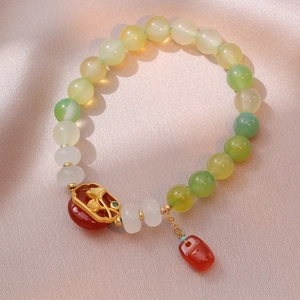 Agate Beaded Bracelet Women Apple Green Beads Golden Ginkgo Leaf Hollow Metal Charm Red Agate Pendant Oriental Elegant