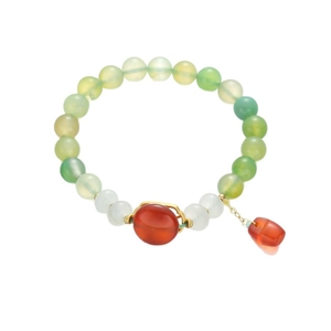 Handmade beaded bracelet with green agate beads and red carnelian oval pendant centerpiece